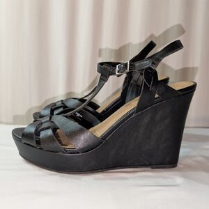 Brash Kandid T Strap Black Haux High Wedge Heels Professional Wedding Open Toe 9